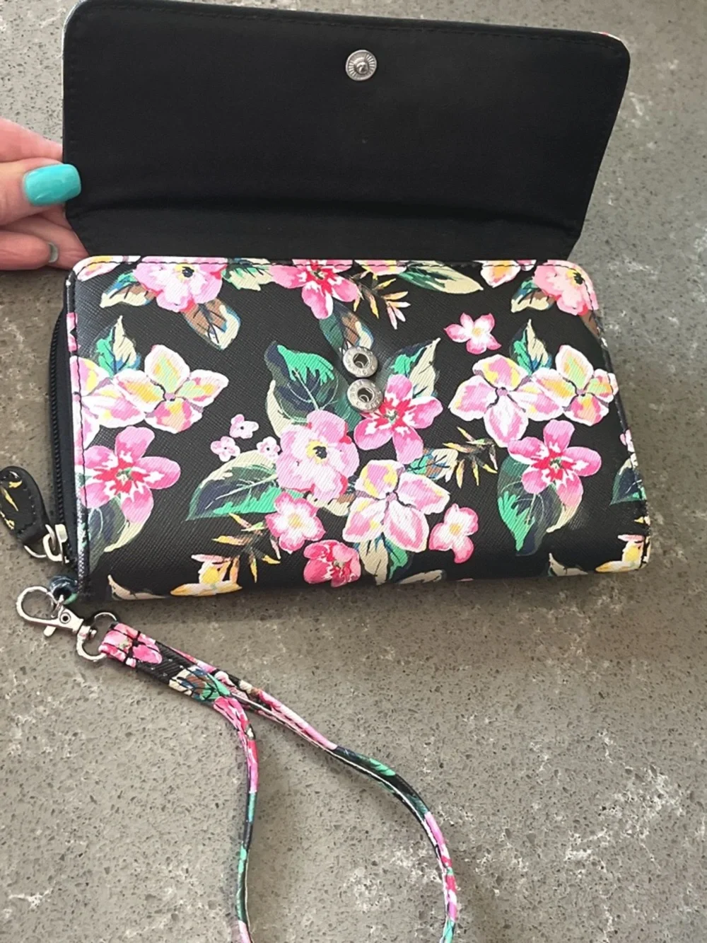 Floral Wristlet Clutch - Pink Floral on Black